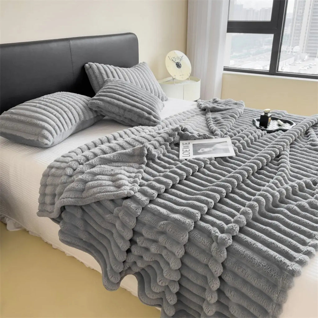 Chunky Knit Throw Blanket — Cozy Striped Fleece, Oversized