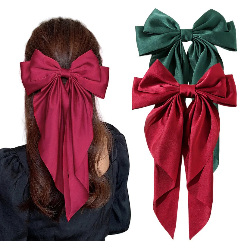 Oversized Satin Bow Clip — Long Ribbon Barrette
