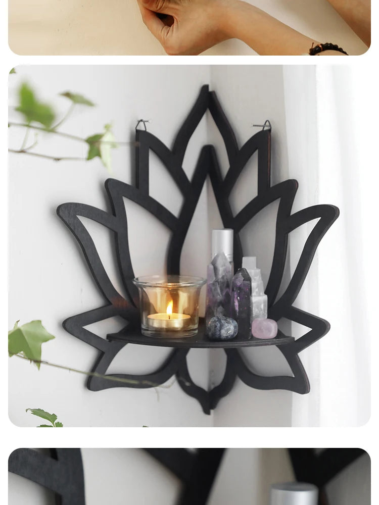 Lotus Wood Corner Shelf — Hollow Carved Display for Candles & Oils