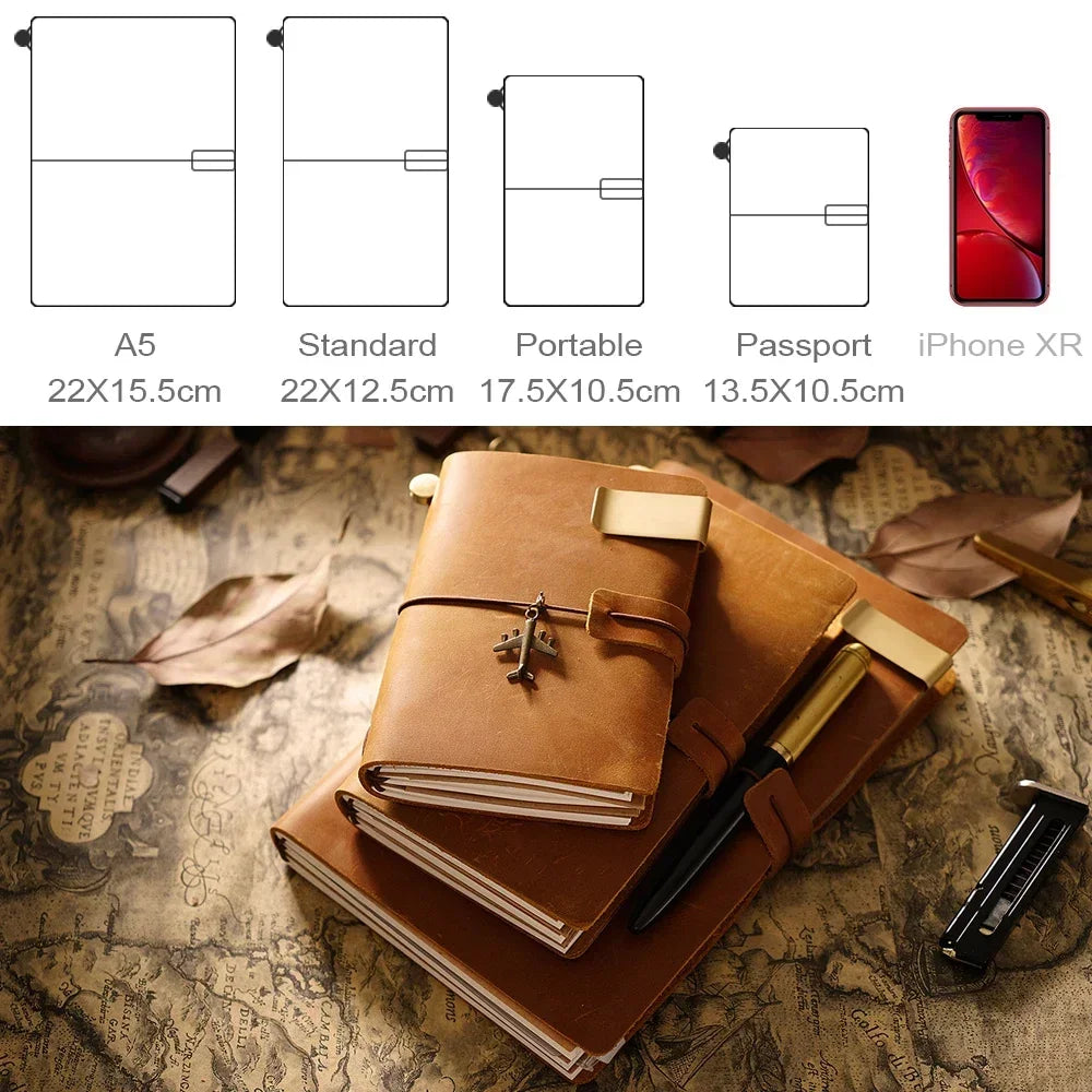 Genuine Leather Travel Journal — Vintage Cowhide, Refillable Cover