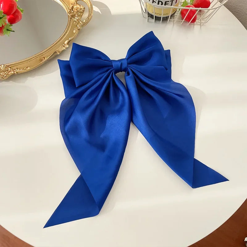 Oversized Satin Bow Clip — Long Ribbon Barrette