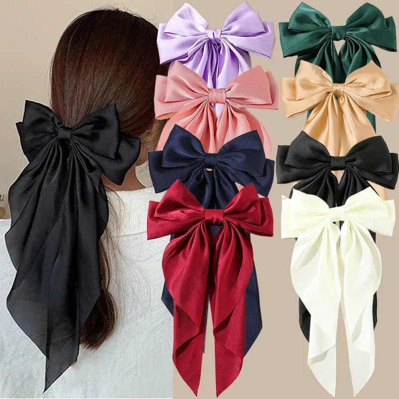 Oversized Satin Bow Clip — Long Ribbon Barrette