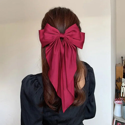 Oversized Satin Bow Clip — Long Ribbon Barrette