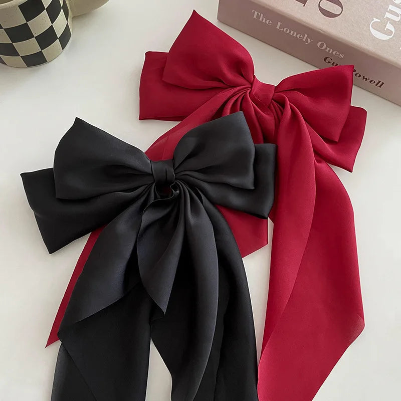 Oversized Satin Bow Clip — Long Ribbon Barrette
