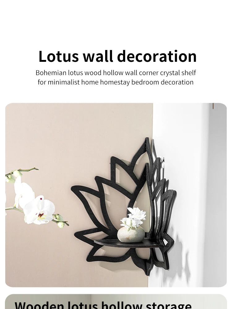 Lotus Wood Corner Shelf — Hollow Carved Display for Candles & Oils