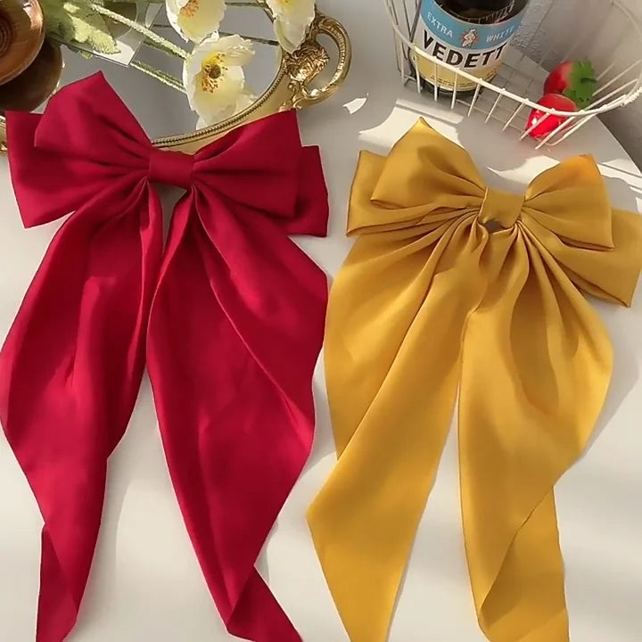 Oversized Satin Bow Clip — Long Ribbon Barrette