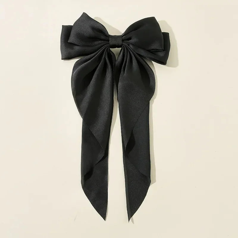 Oversized Satin Bow Clip — Long Ribbon Barrette