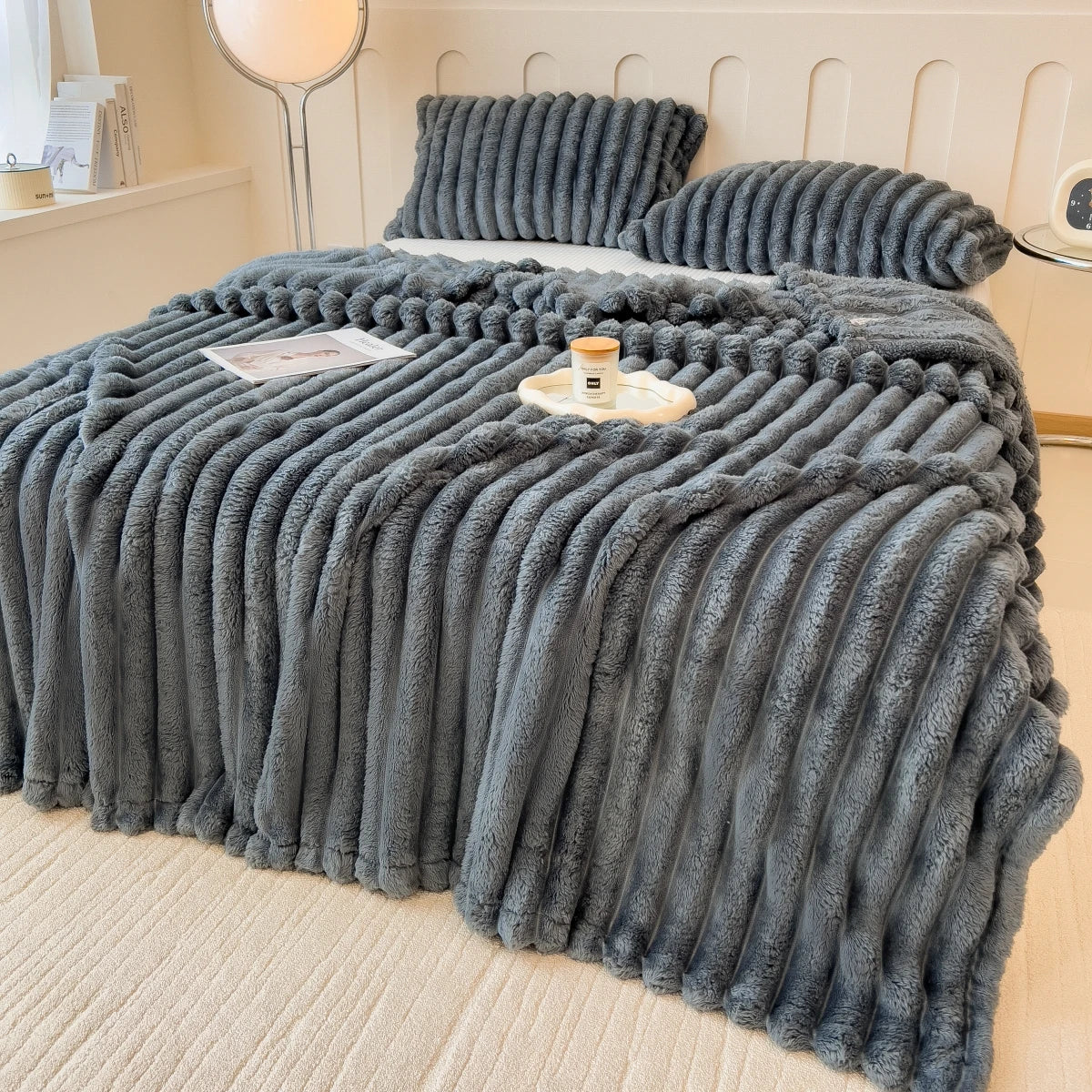 Chunky Knit Throw Blanket — Cozy Striped Fleece, Oversized