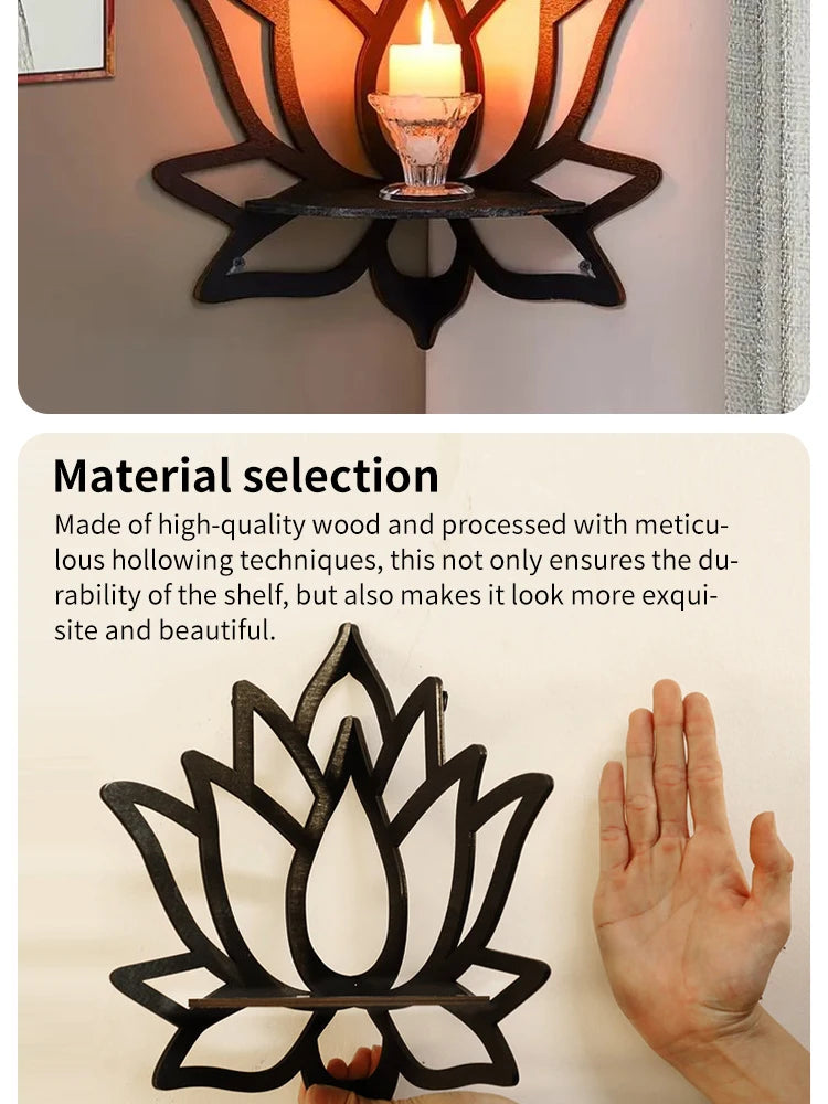 Lotus Wood Corner Shelf — Hollow Carved Display for Candles & Oils