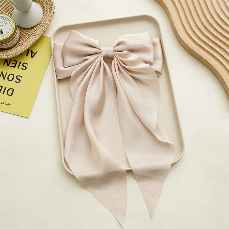 Oversized Satin Bow Clip — Long Ribbon Barrette