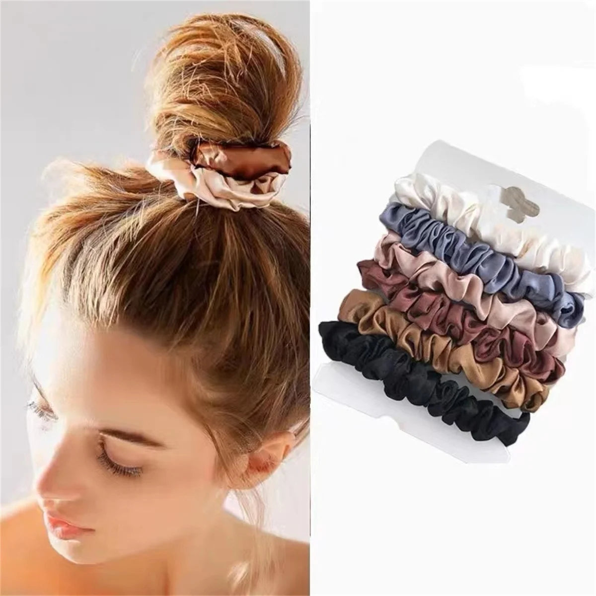 Satin Scrunchie Set — 6pcs, Neutral Tones