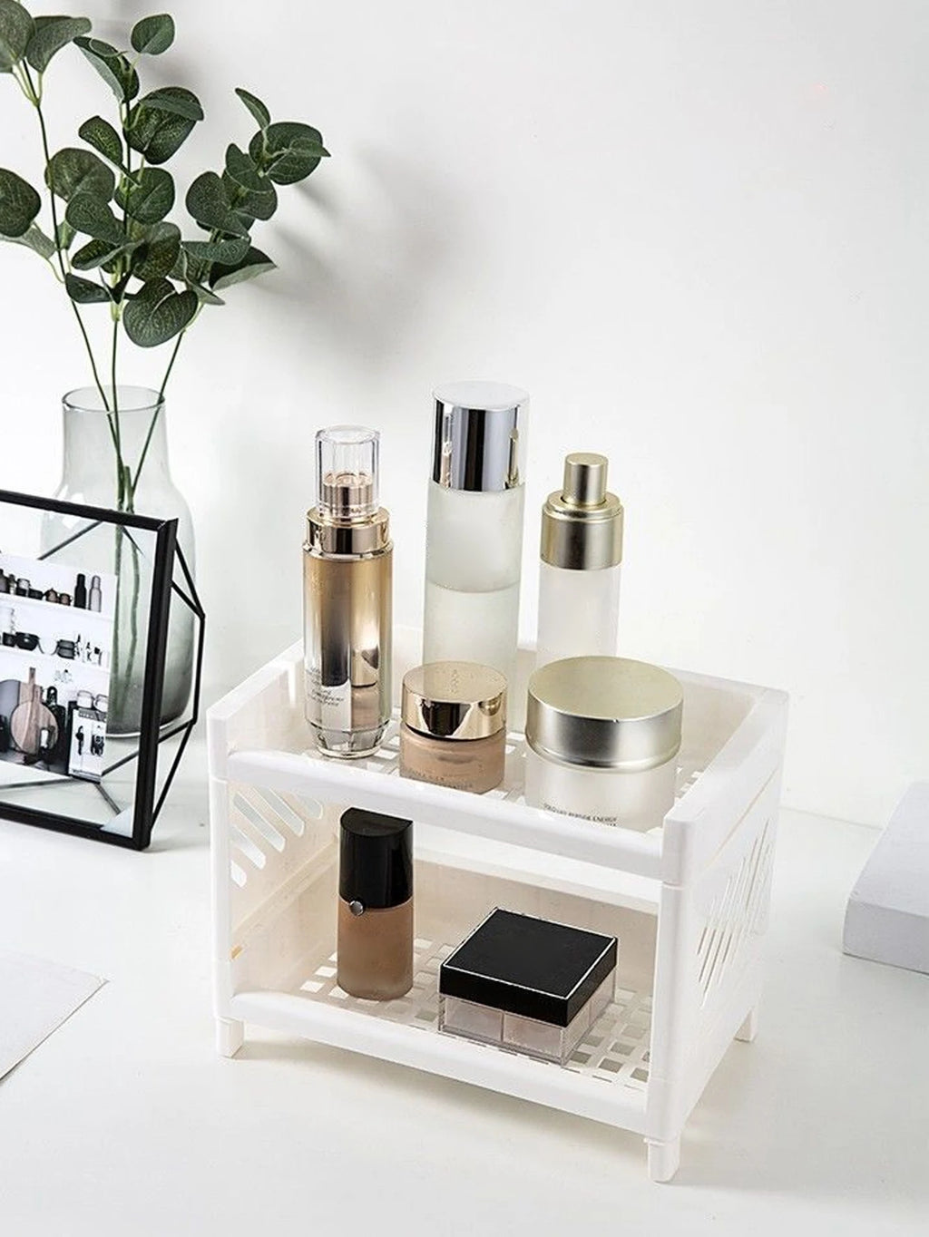 Two-Tier Desktop Storage Rack — Minimalist White Organizer