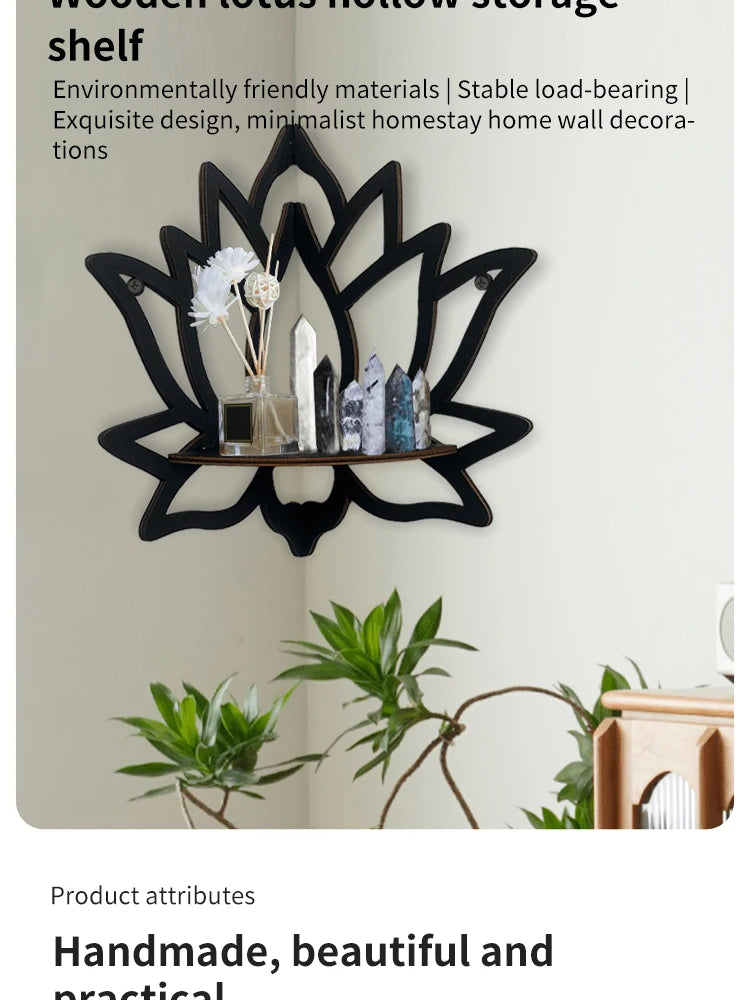 Lotus Wood Corner Shelf — Hollow Carved Display for Candles & Oils