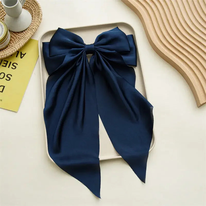 Oversized Satin Bow Clip — Long Ribbon Barrette