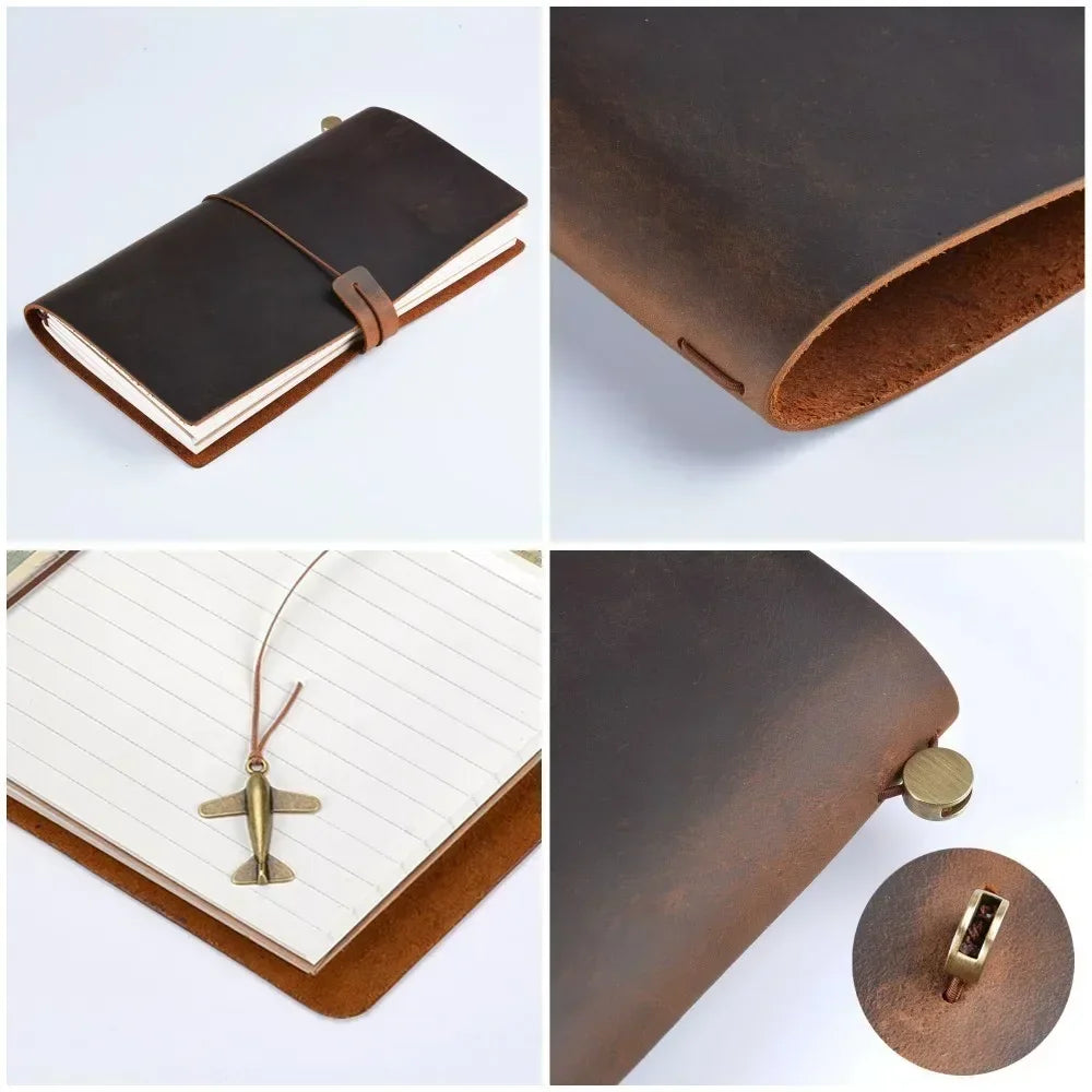 Genuine Leather Travel Journal — Vintage Cowhide, Refillable Cover