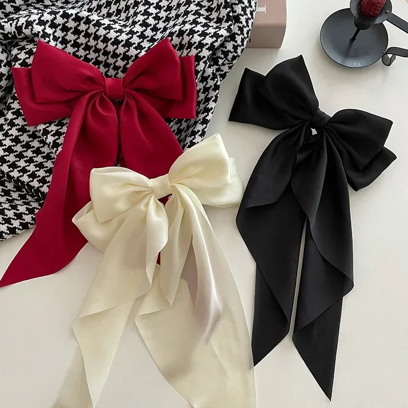 Oversized Satin Bow Clip — Long Ribbon Barrette