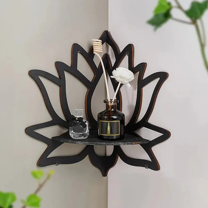 Lotus Wood Corner Shelf — Hollow Carved Display for Candles & Oils