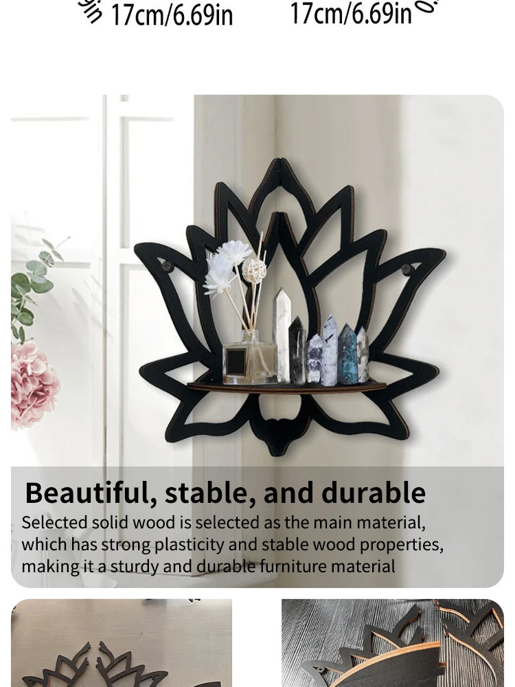 Lotus Wood Corner Shelf — Hollow Carved Display for Candles & Oils