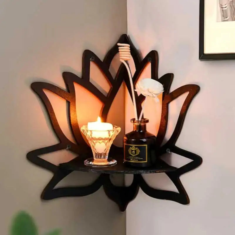 Lotus Wood Corner Shelf — Hollow Carved Display for Candles & Oils