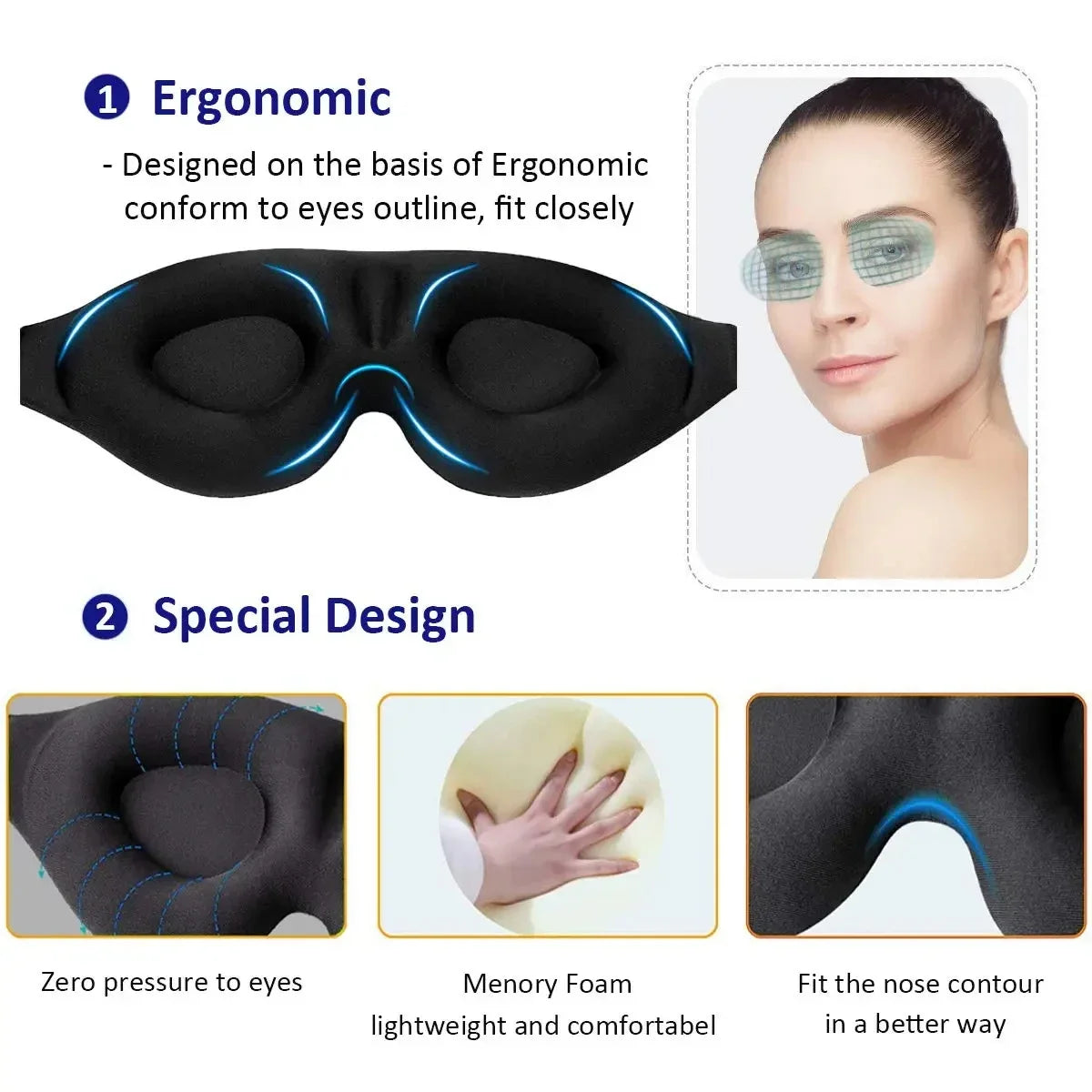 3D Contoured Eye Mask — Blackout Sleep Mask, No Eye Pressure