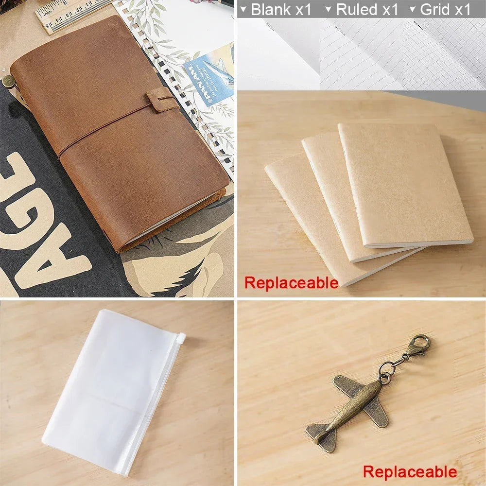 Genuine Leather Travel Journal — Vintage Cowhide, Refillable Cover