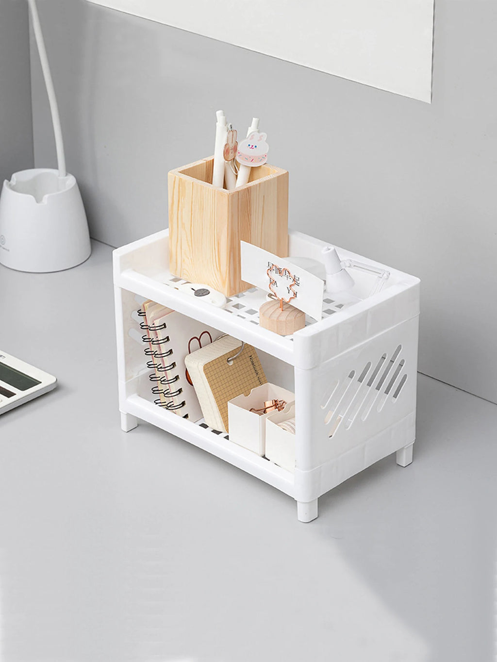 Two-Tier Desktop Storage Rack — Minimalist White Organizer