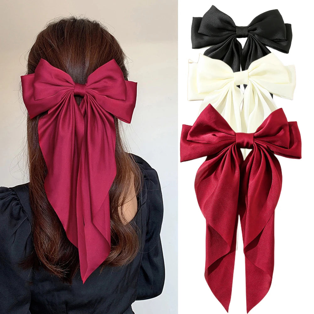 Oversized Satin Bow Clip — Long Ribbon Barrette