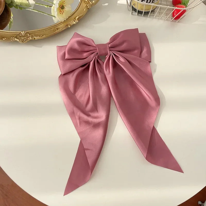Oversized Satin Bow Clip — Long Ribbon Barrette