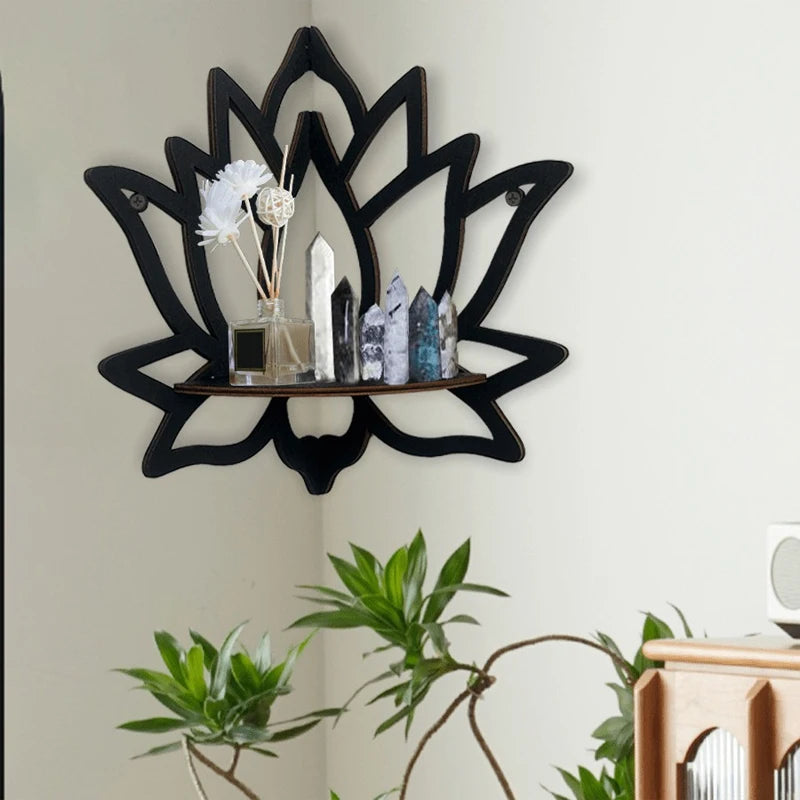 Lotus Wood Corner Shelf — Hollow Carved Display for Candles & Oils