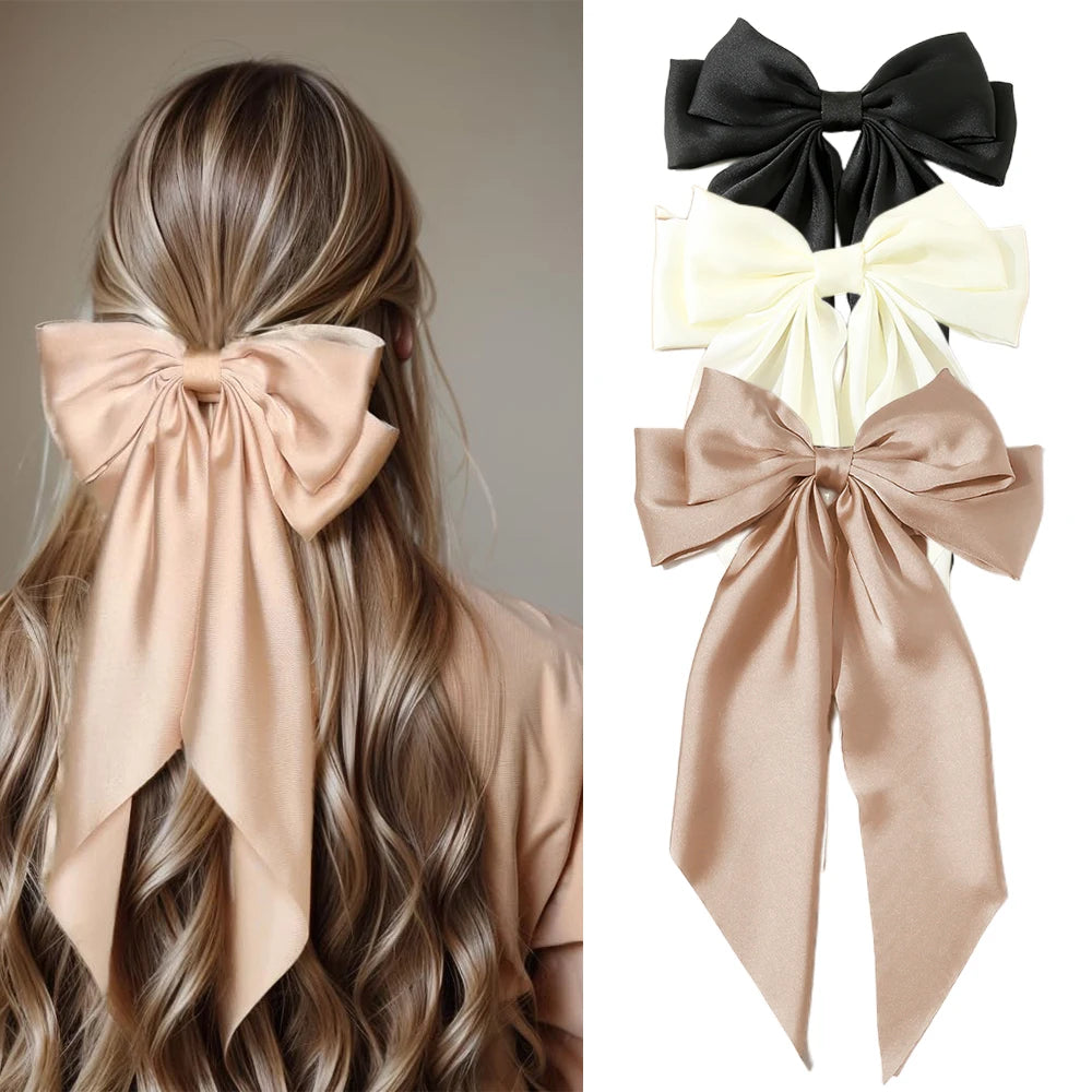 Oversized Satin Bow Clip — Long Ribbon Barrette