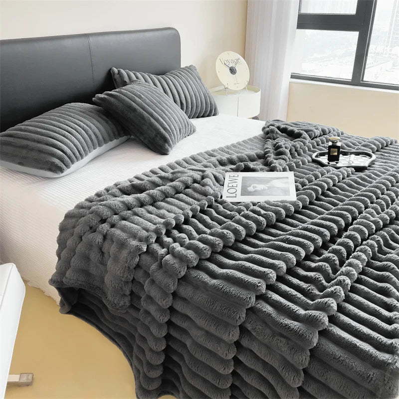Chunky Knit Throw Blanket — Cozy Striped Fleece, Oversized