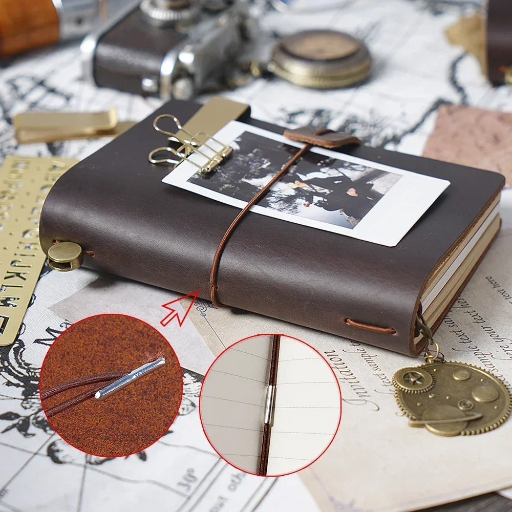 Genuine Leather Travel Journal — Vintage Cowhide, Refillable Cover