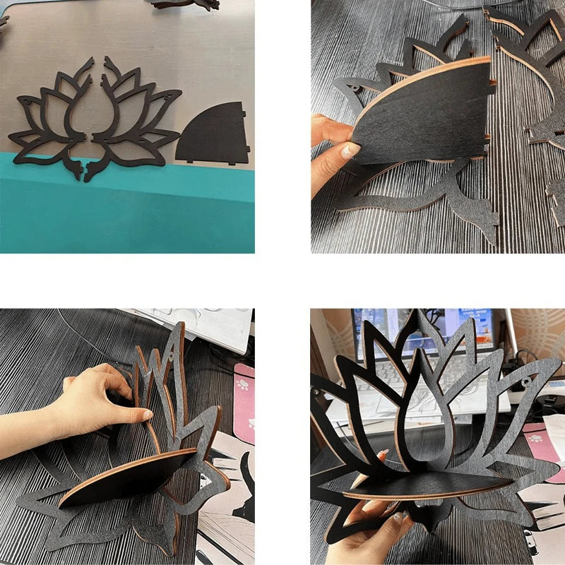 Lotus Wood Corner Shelf — Hollow Carved Display for Candles & Oils