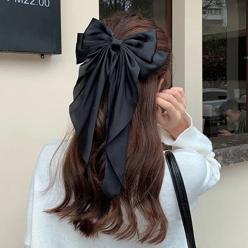 Oversized Satin Bow Clip — Long Ribbon Barrette