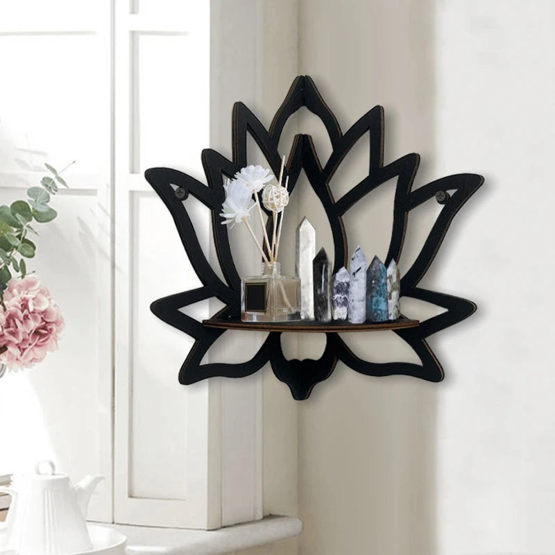 Lotus Wood Corner Shelf — Hollow Carved Display for Candles & Oils