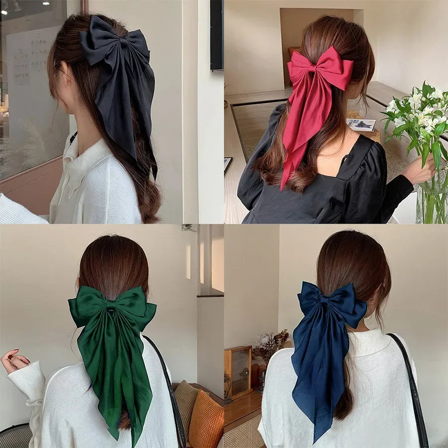 Oversized Satin Bow Clip — Long Ribbon Barrette