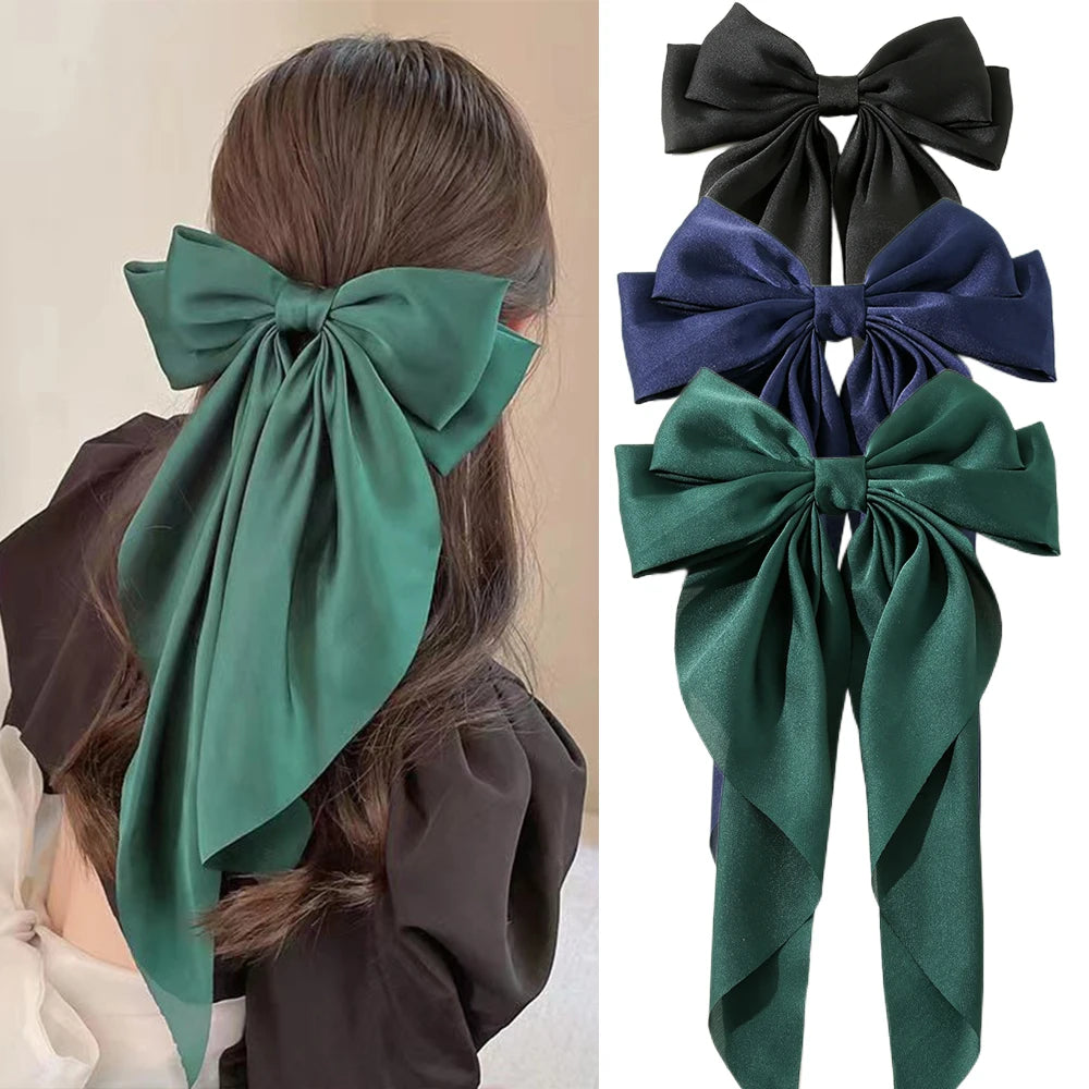 Oversized Satin Bow Clip — Long Ribbon Barrette