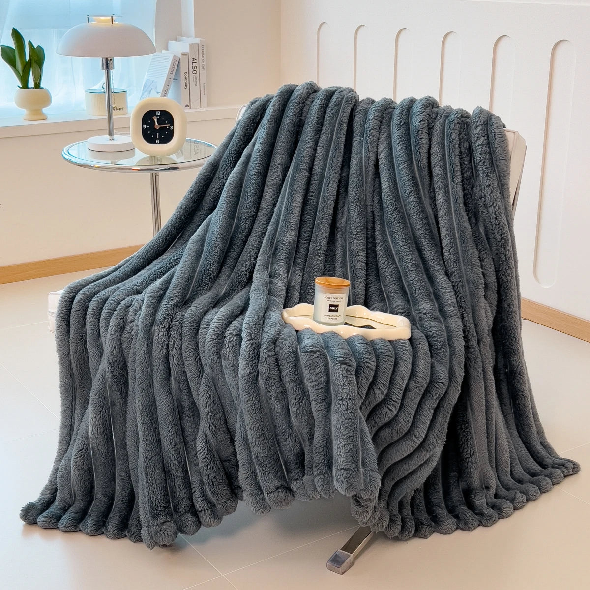 Chunky Knit Throw Blanket — Cozy Striped Fleece, Oversized